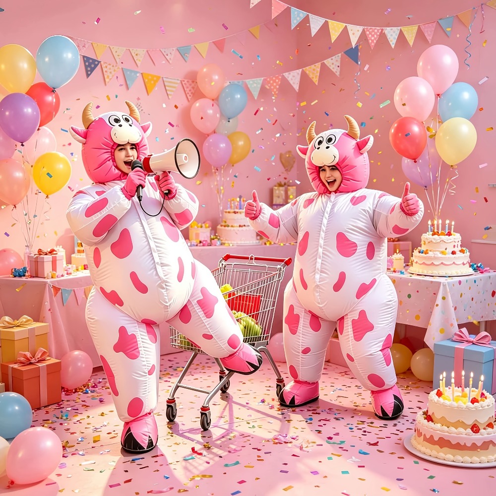 Costumes - Grappig opblaasbaar roze koeienkostuum, een unisex